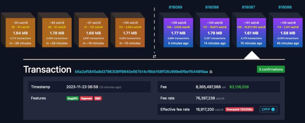 Historic Bitcoin Transaction: Record $3.13M Fee Paid for 55 BTC Transfer Historic Bitcoin Transaction: Record $3.13M Fee Paid for 55 BTC Transfer