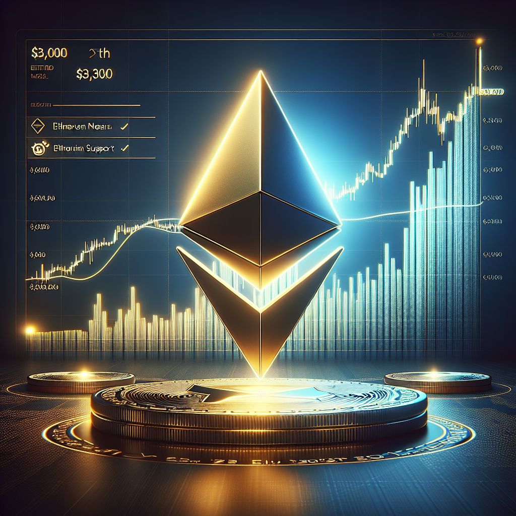 Ethereum logo over candlestick chart testing $3,000 support level