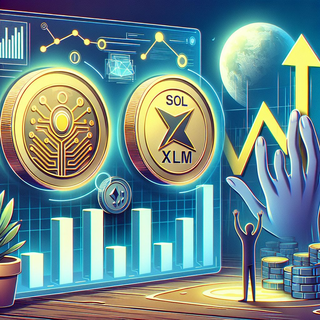 SOL, XLM, TAP coins with fear meter and rising chart 2025