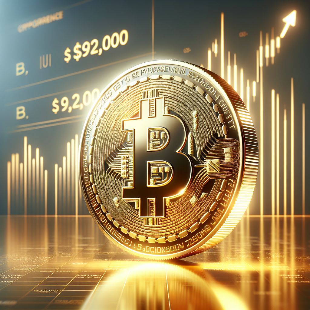 Golden Bitcoin above $92,000 on bullish market chart, 2025
