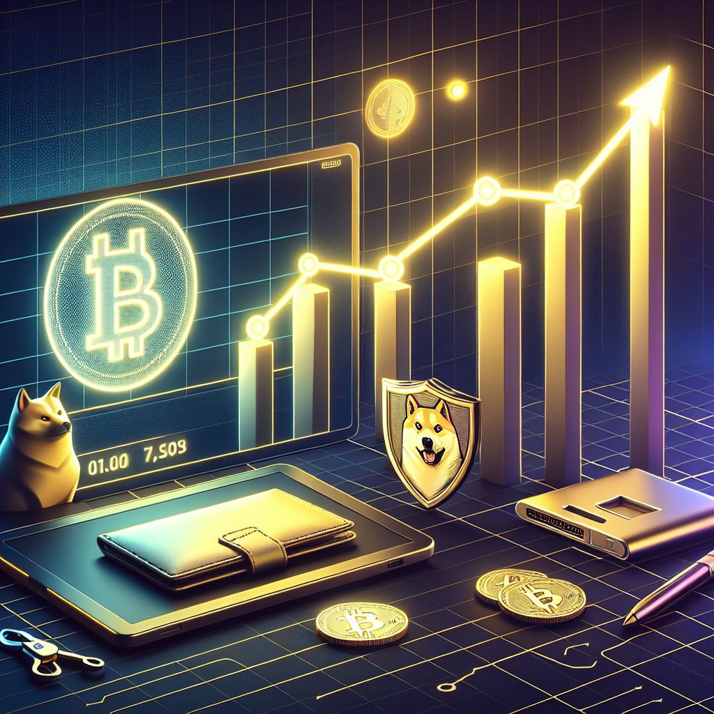 Falling Dogecoin price chart with hardware wallet and security shield