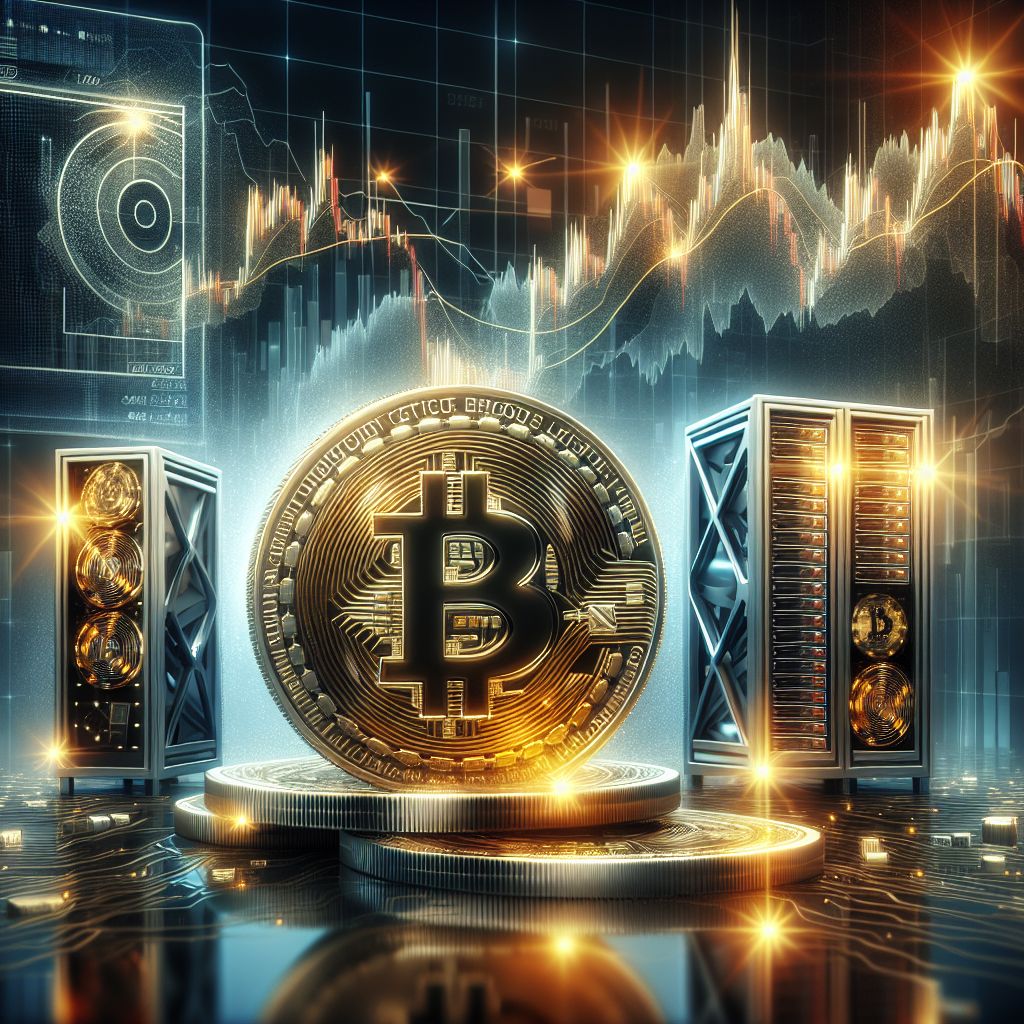 Bitcoin coin, mining rigs, and volatile stock charts for November 2025