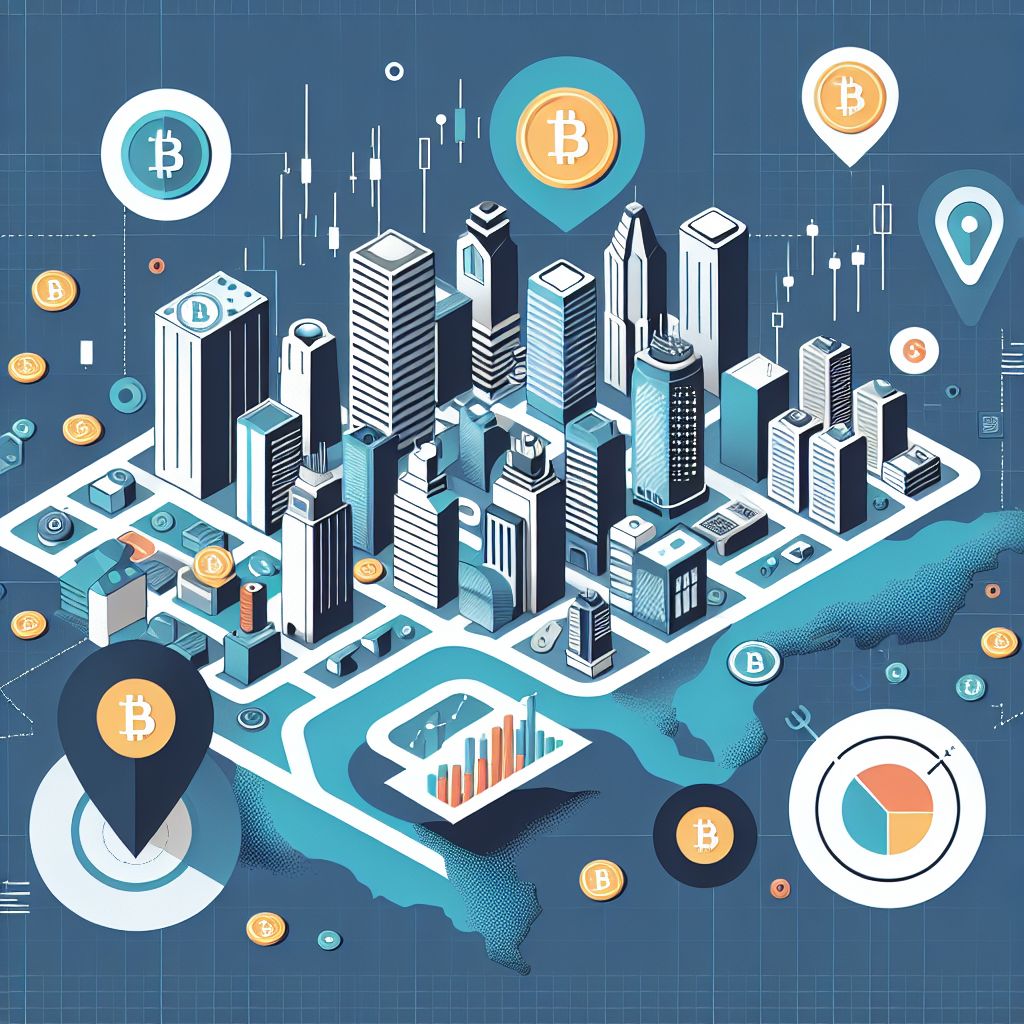 Mapa de São Paulo con iconos de criptomonedas y gráficos financieros