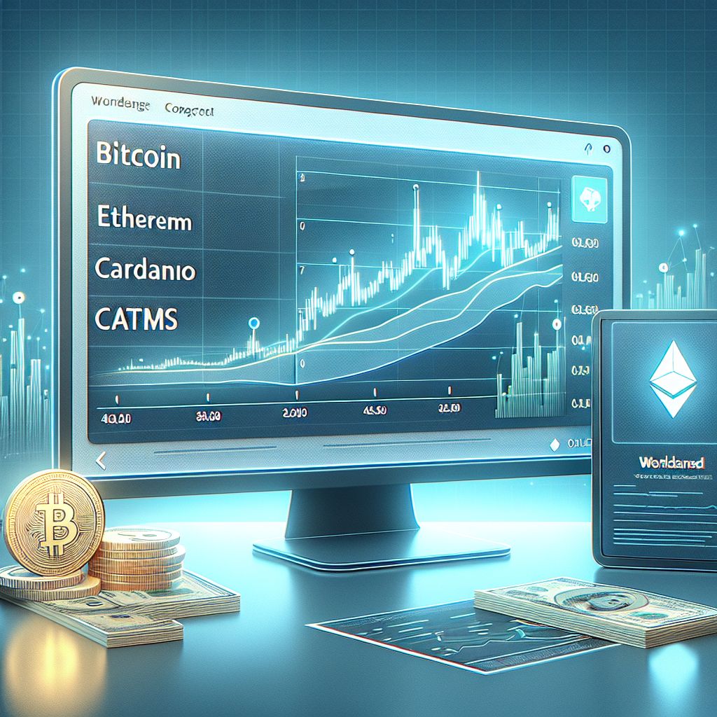 Экран с графиками биткоина и эфира, новости о Cardano и банкоматах