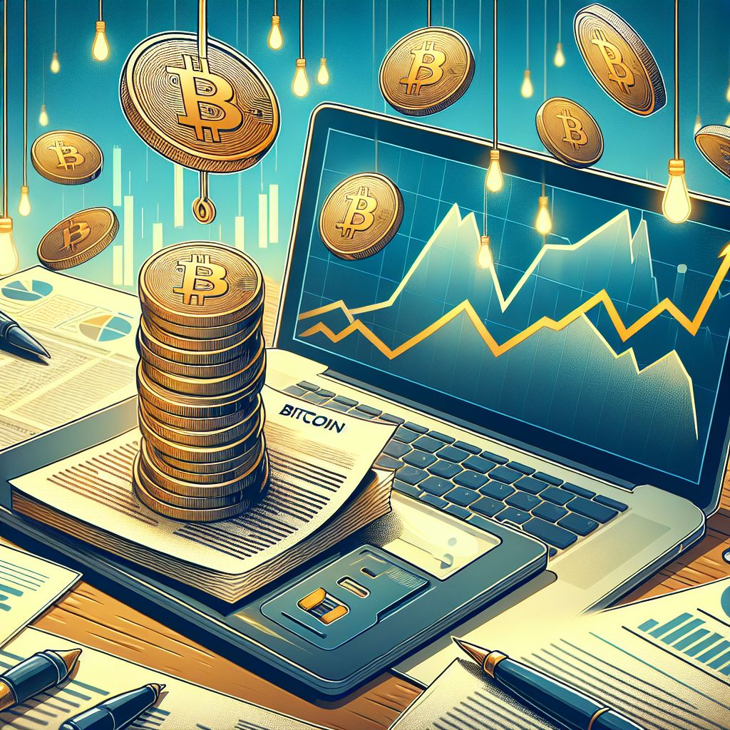 Монеты биткоина на фоне падающего графика и корпоративных документов