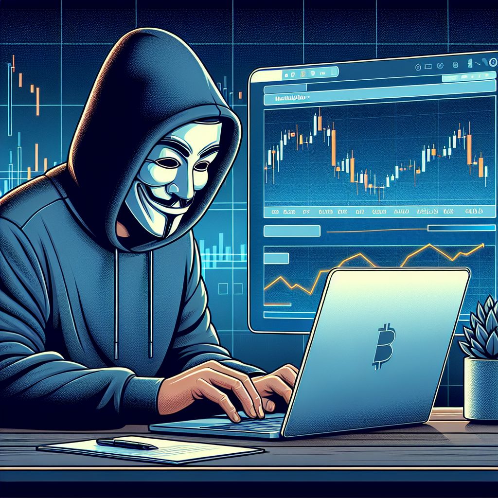 Мошенник в маске за ноутбуком, на экране — графики криптовалют, манипуляция
