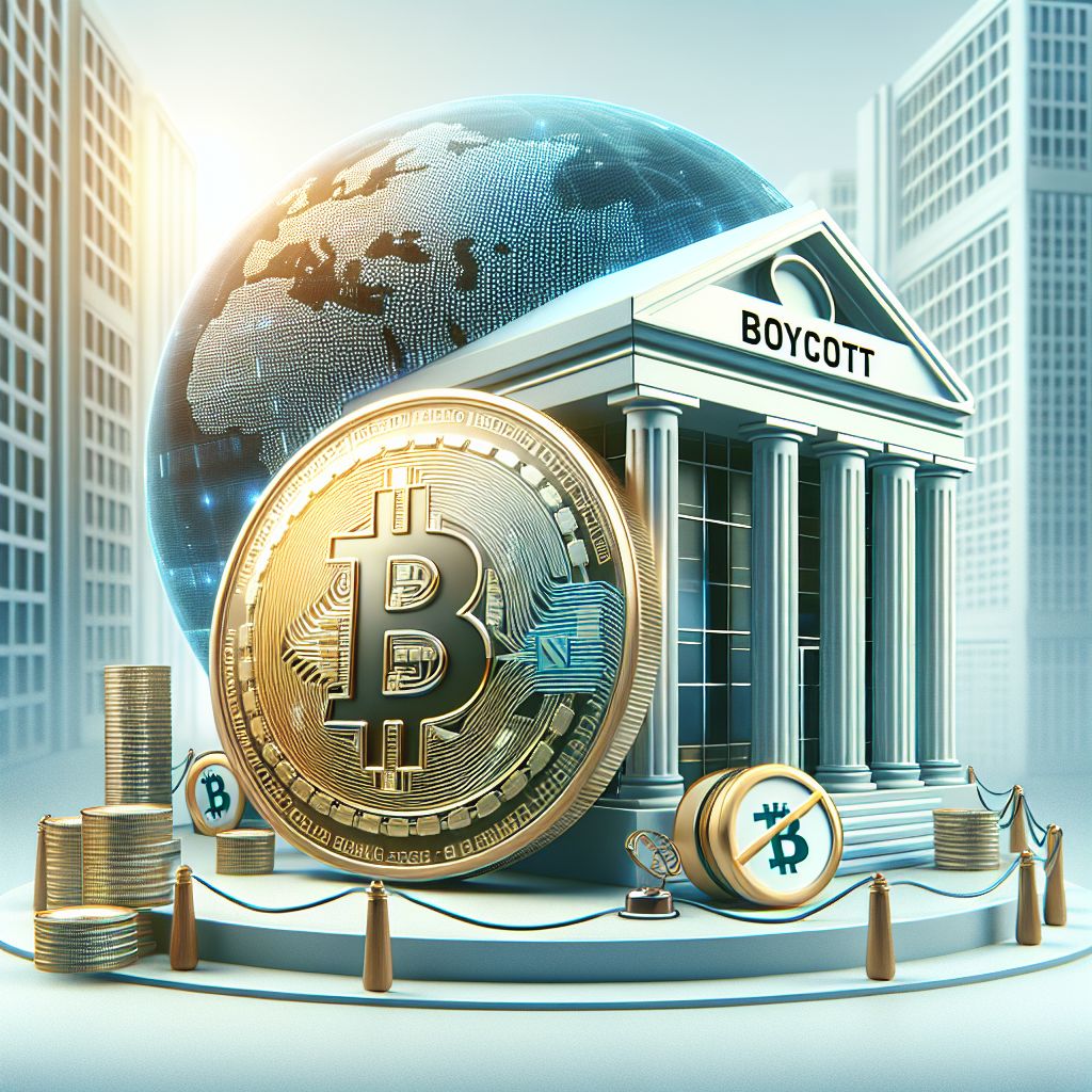 عملة بيتكوين محاطة بعلامة مقاطعة أمام مبنى مصرفي