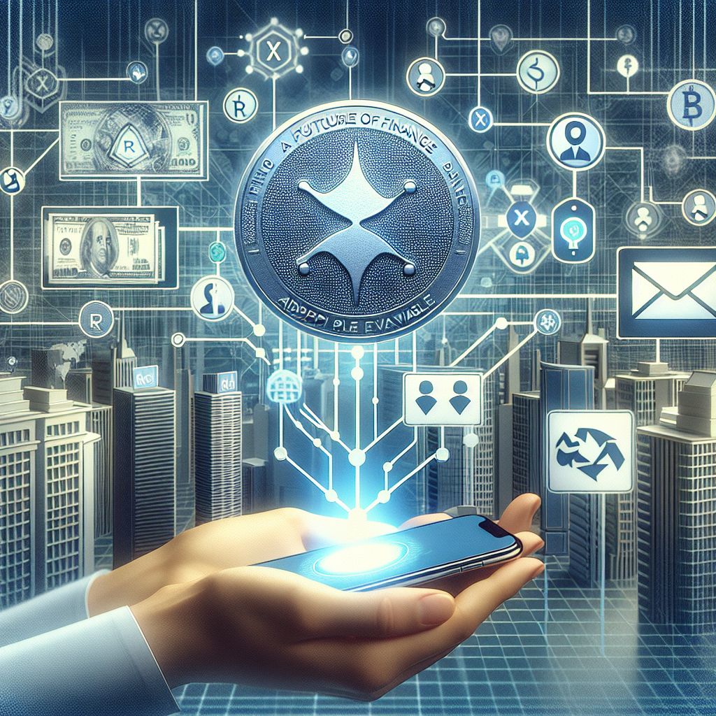 Moneta XRP nad futurystyczną siatką połączeń finansowych i banków.