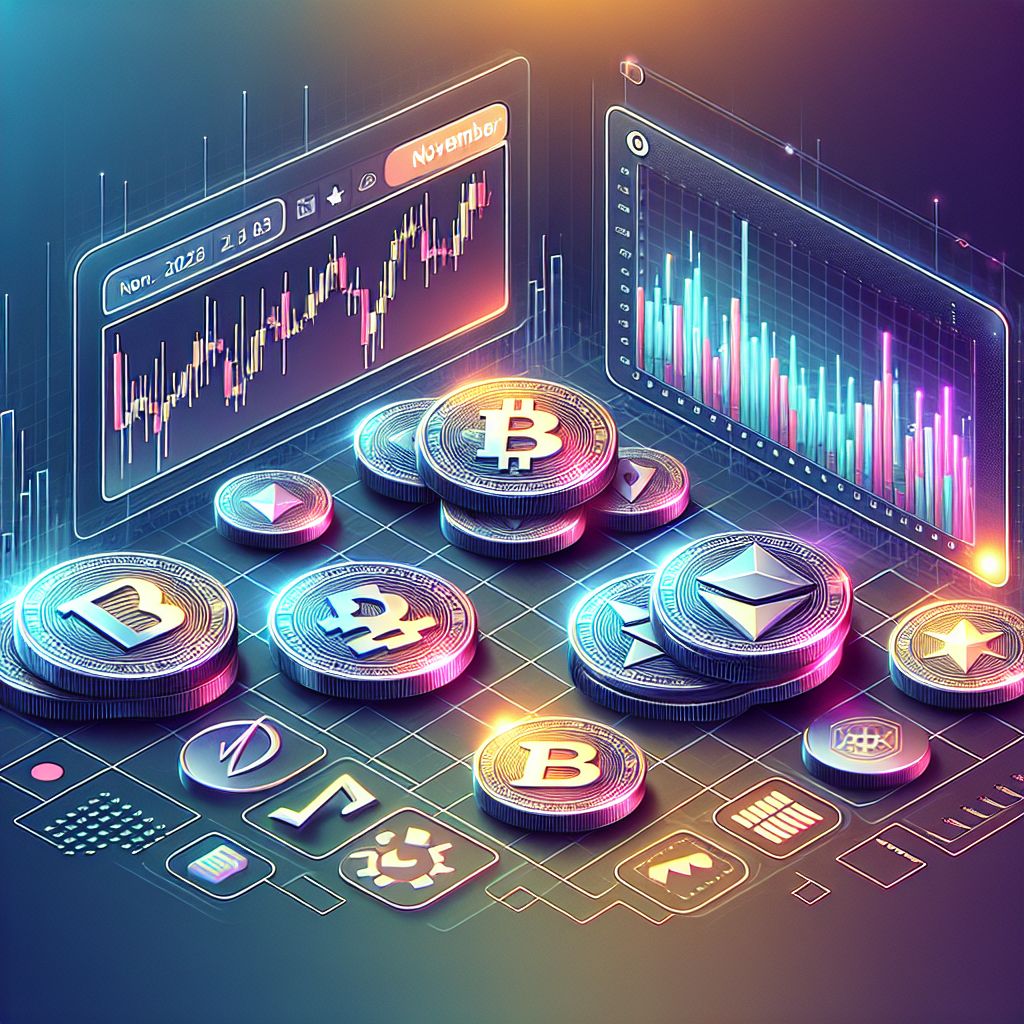 Altcoin tokens, trading charts, calendar marked November 2025
