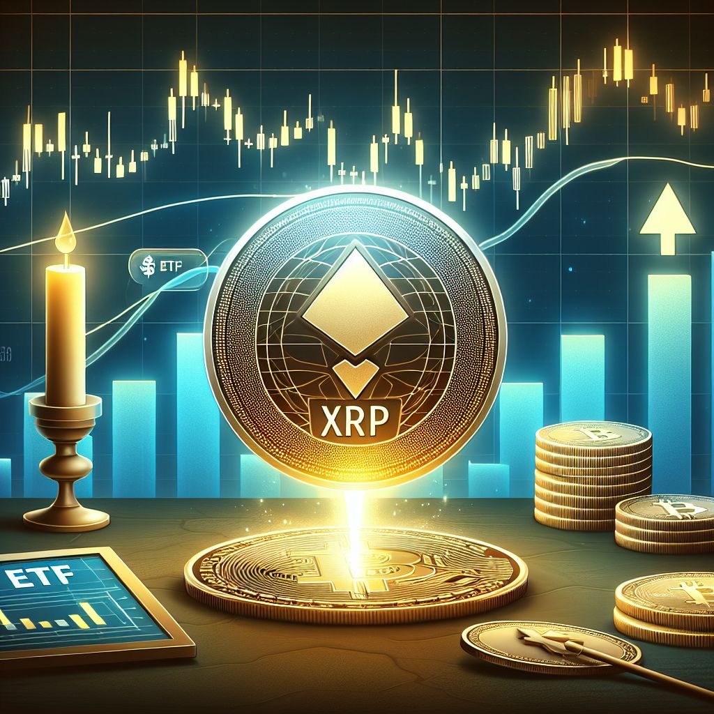 XRP coin with upward candlestick chart and ETF ticker
