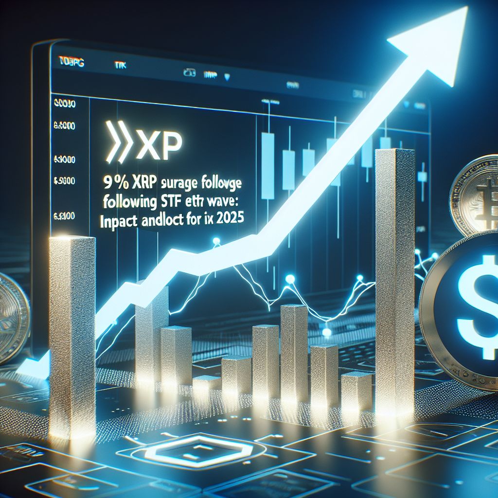 Biểu đồ tăng giá XRP 9% kèm biểu tượng ETF và đôla