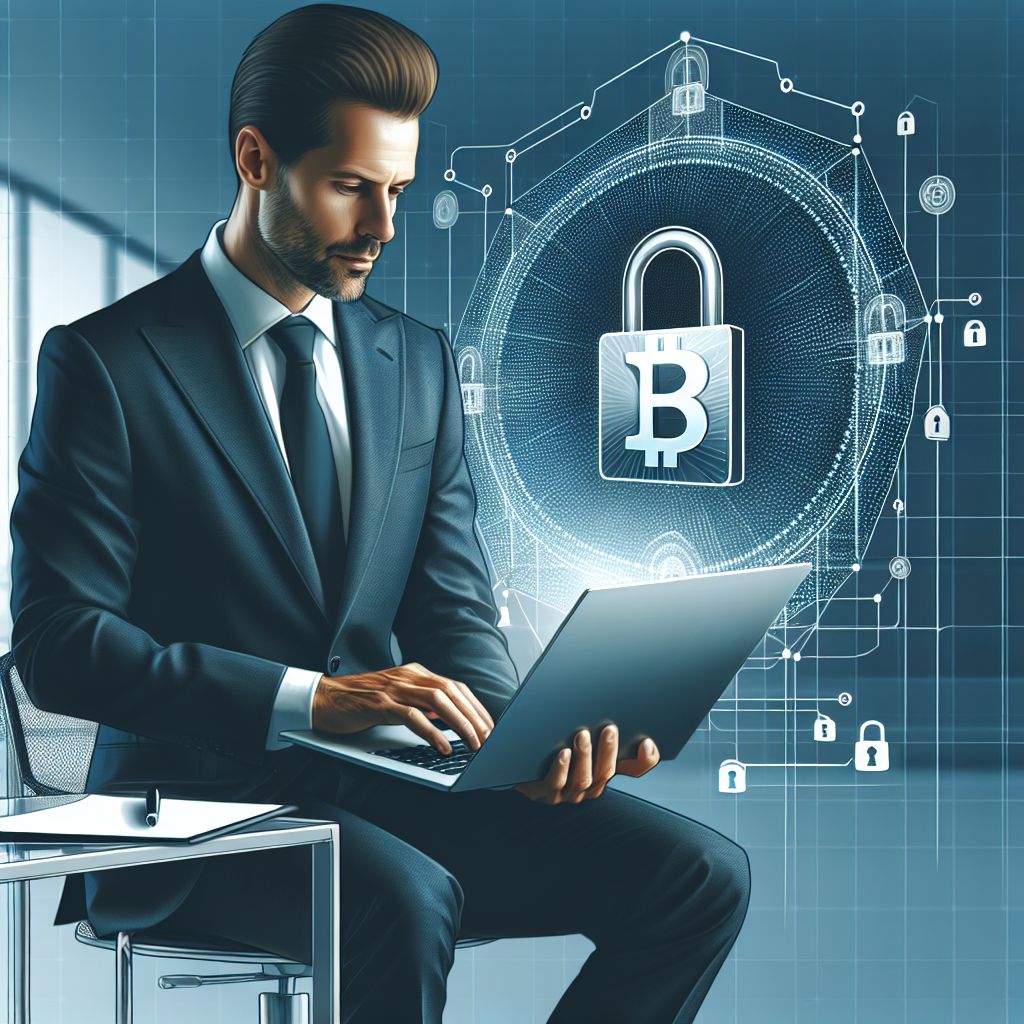 Executivo de cripto olhando laptop com cadeado e símbolo de bitcoin