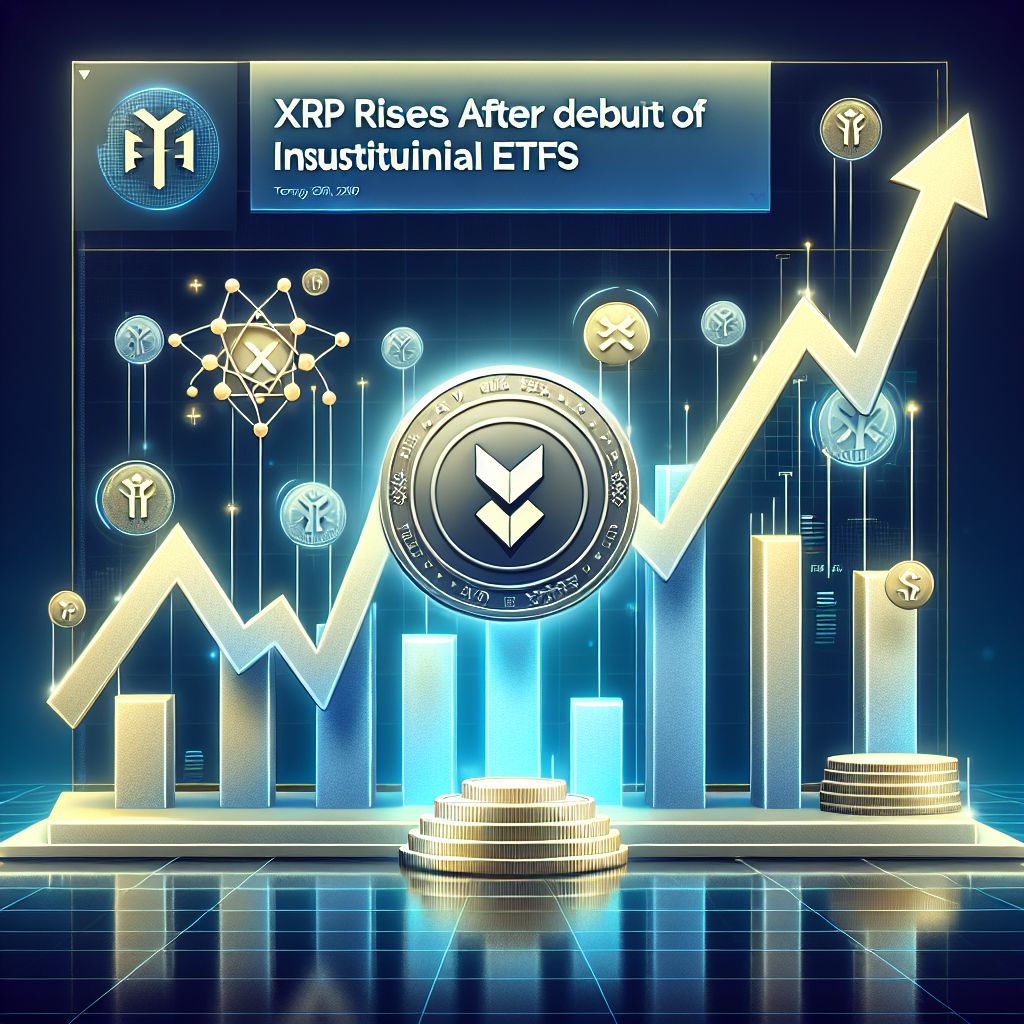 Gráfica alcista de XRP con logo y símbolos de ETF institucionales