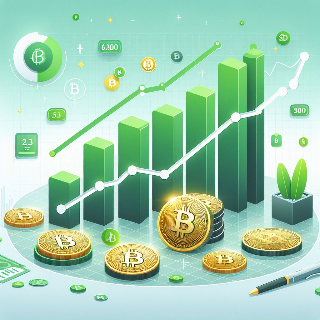 Graphique vert montrant hausse des cours crypto avec pièces Bitcoin et jetons