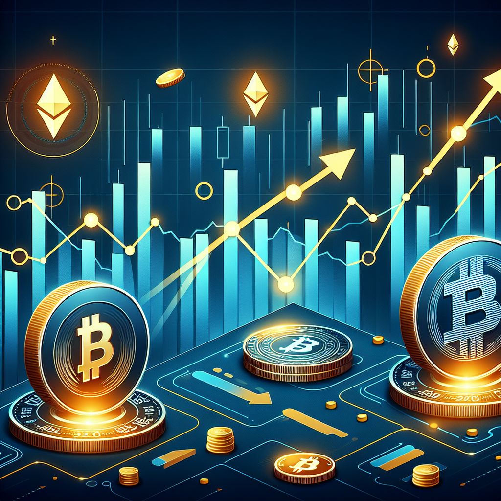 Pièces de cryptomonnaies avec graphiques de prix et flèches indiquant volatilité