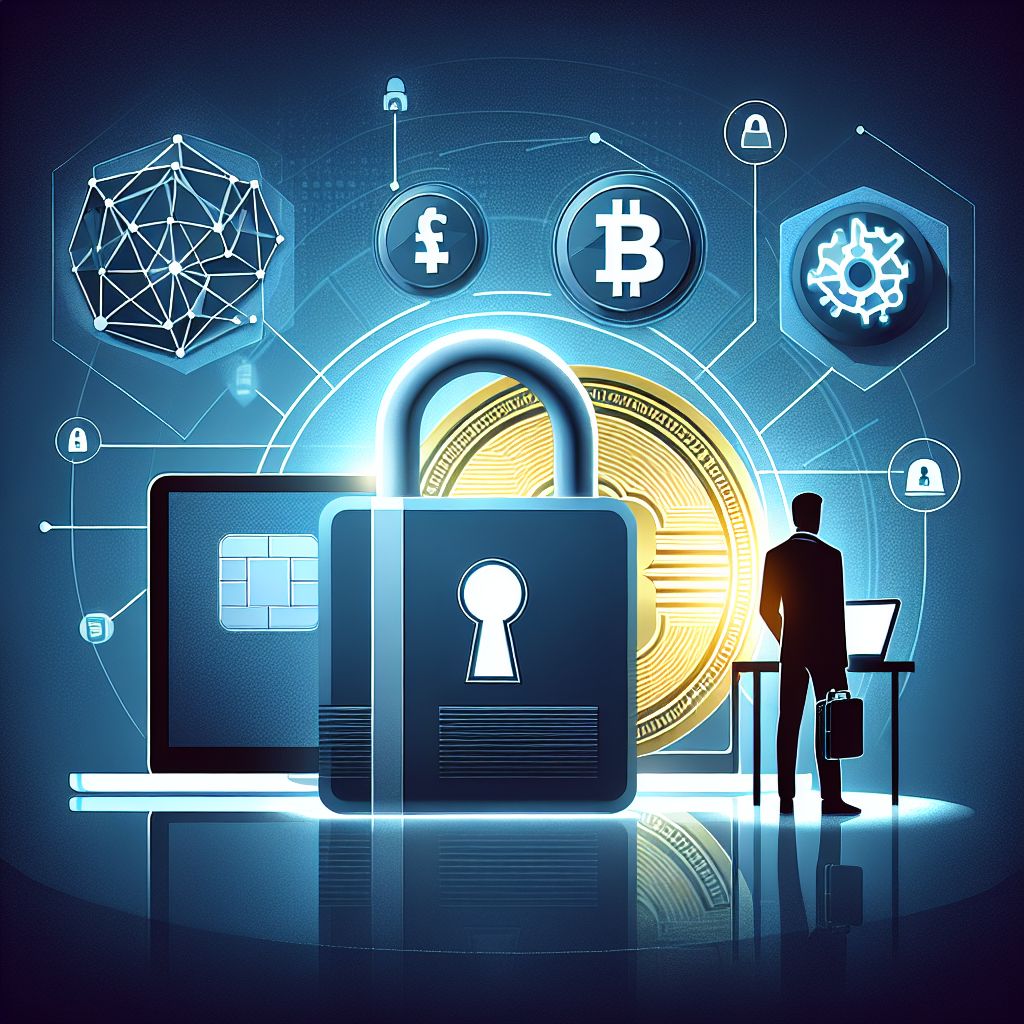 Cadenas numérique verrouillant carte bancaire devant symboles crypto et silhouette dirigeant