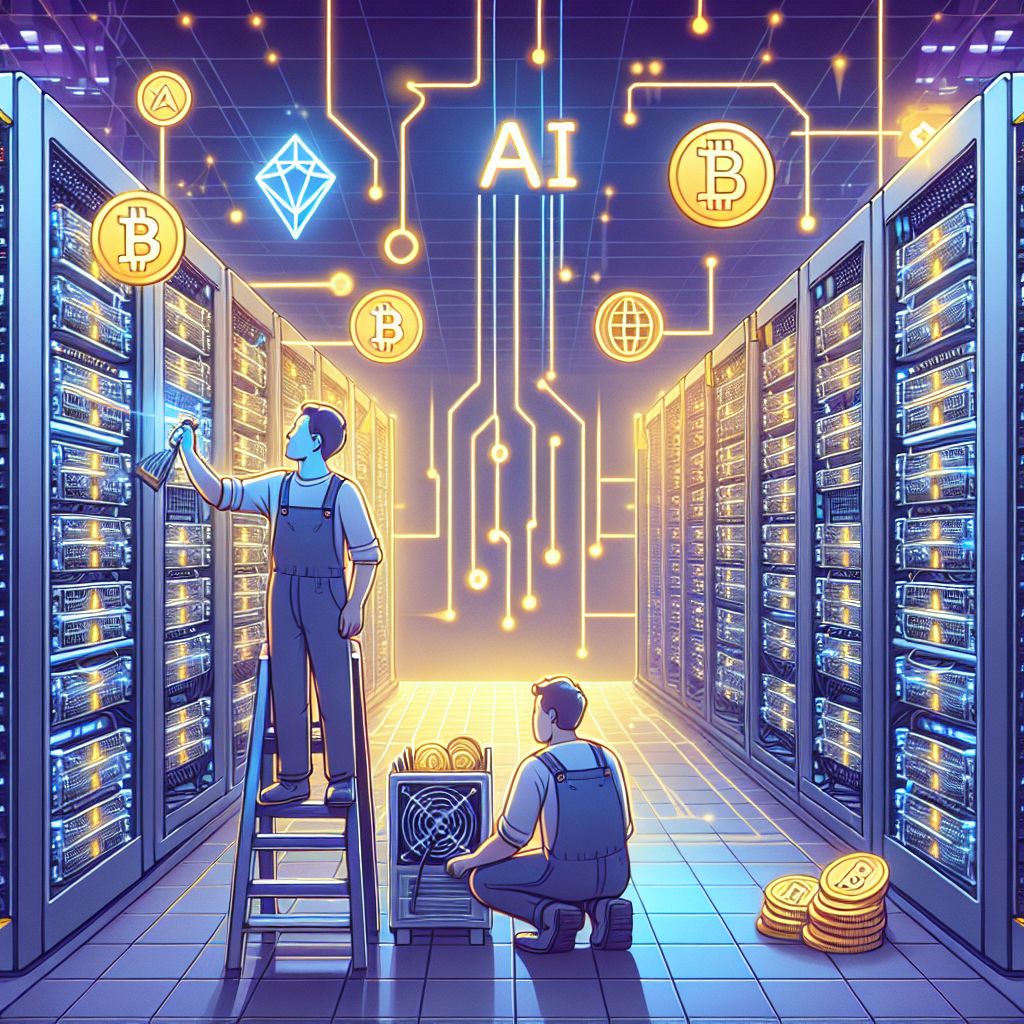 Rak server miner kripto di pusat data, simbol kenaikan investasi AI
