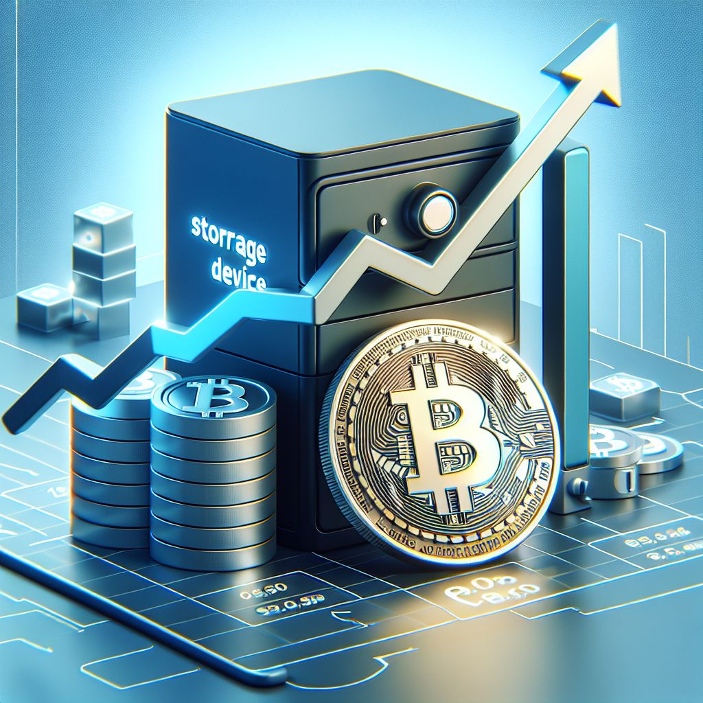 Logo SanDisk, simbol Bitcoin, dan grafik saham naik