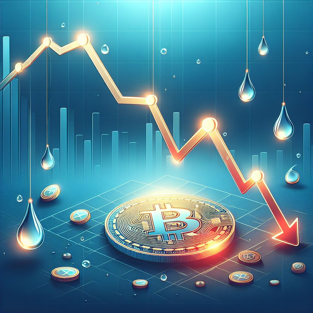 Bitcoin nad spadającym wykresem, krople symbolizują kurczącą się płynność