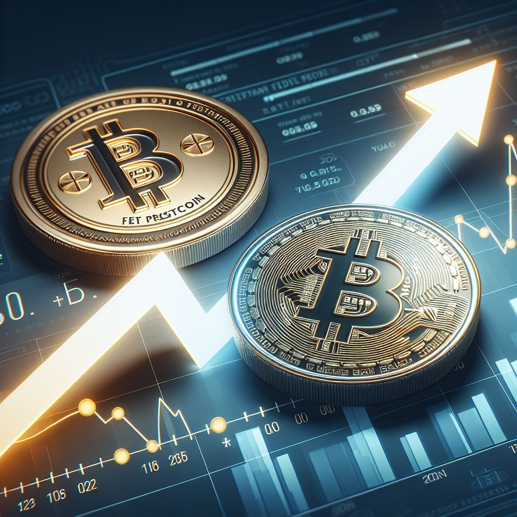 Bitcoin na wykresie wzrostowym obok loga Fed i strzałki w dół