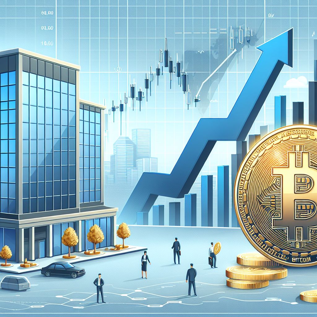 Corporate building, Bitcoin coin with rising arrow, falling stock chart