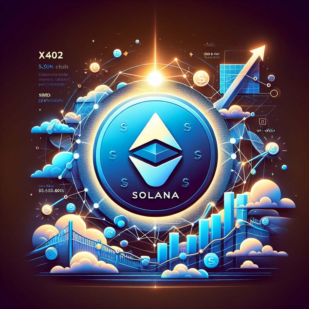 Solana logo with upward 5% price chart and on-chain surge