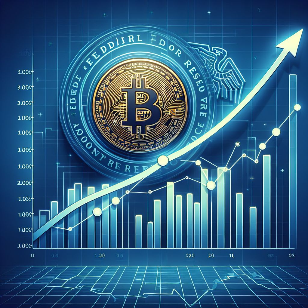 Gráfico do Bitcoin com símbolo do Fed e seta indicando corte