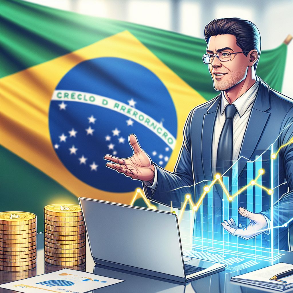 Executivo apresentando gráfico de crescimento e bandeira do Brasil