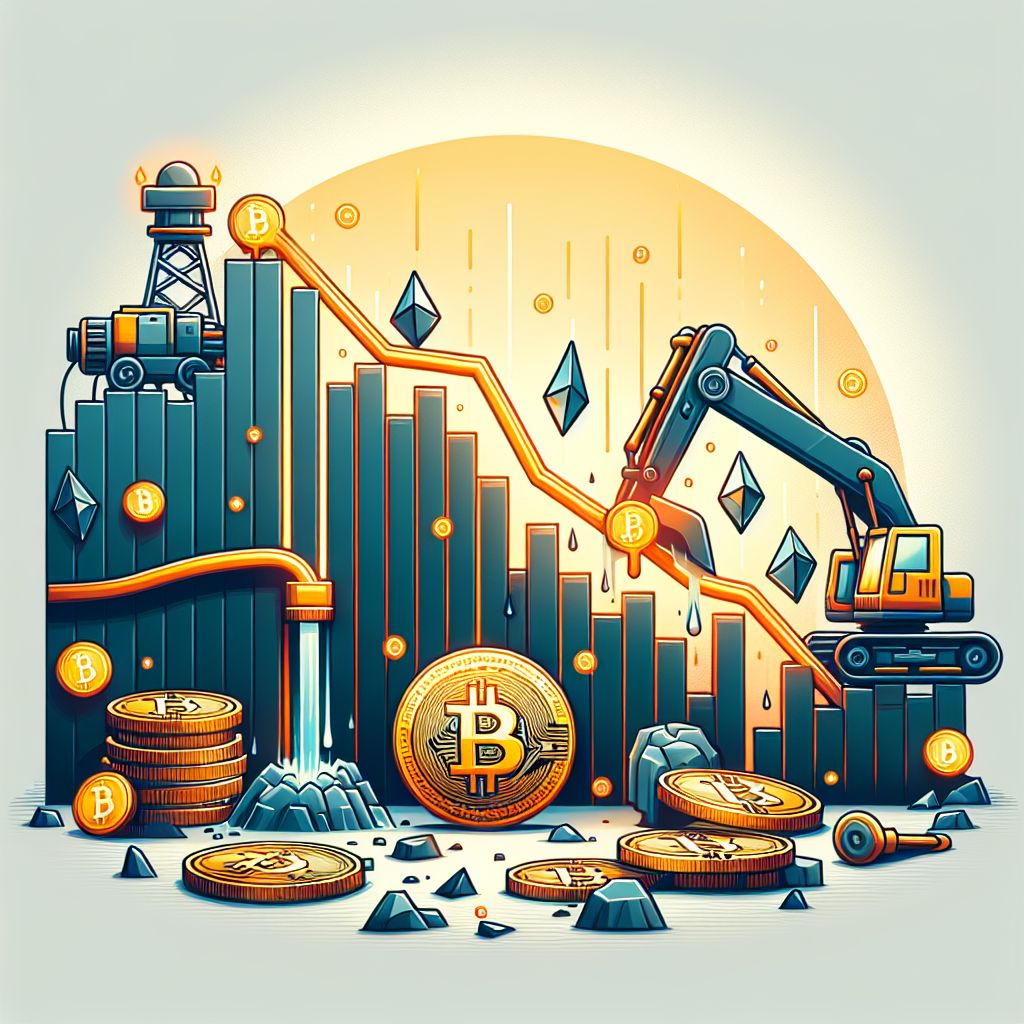 Gráfica de Bitcoin con caída pronunciada y símbolos de minería
