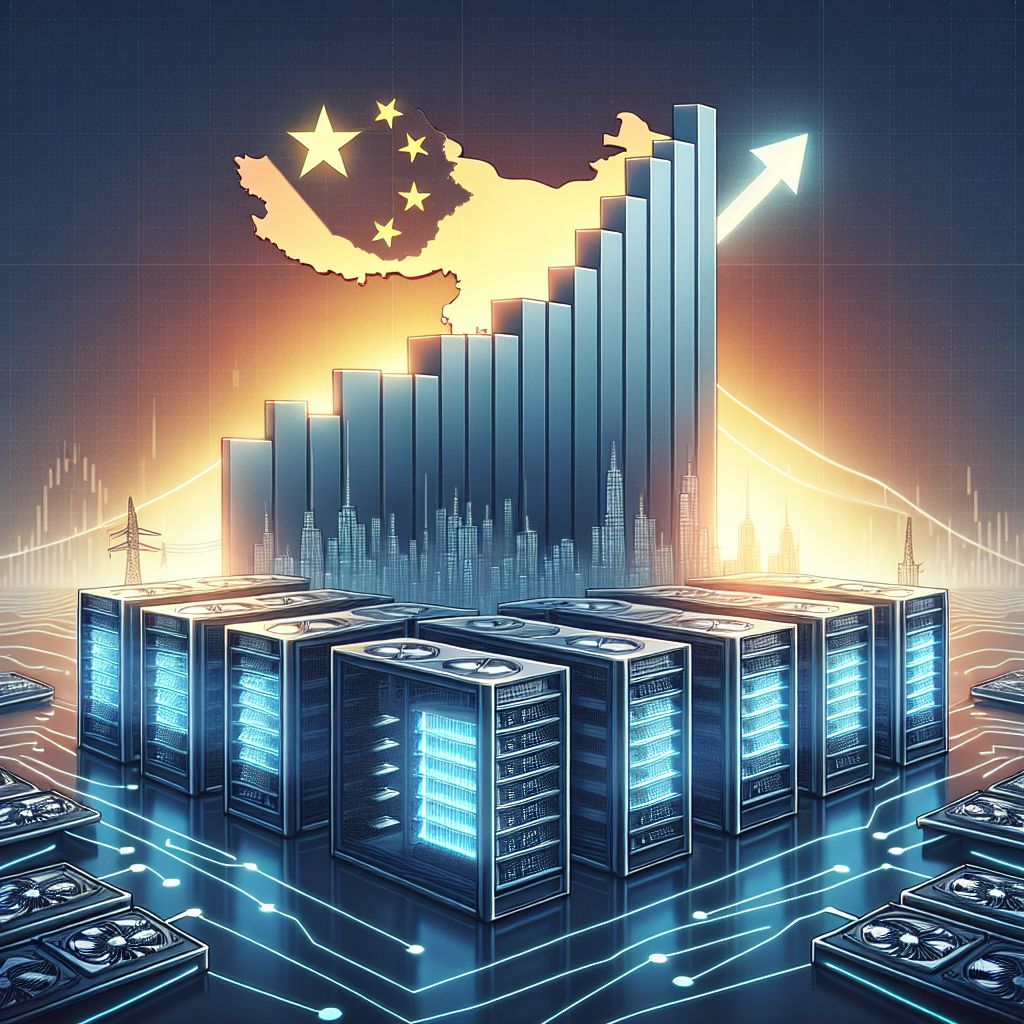 Ферма майнинга и силуэт Китая на фоне растущего графика хешрейта