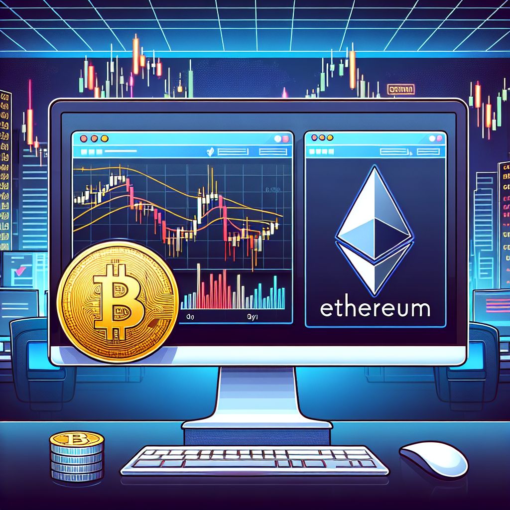 Мониторы с графиками Биткоина и Эфириума на биржевом фоне