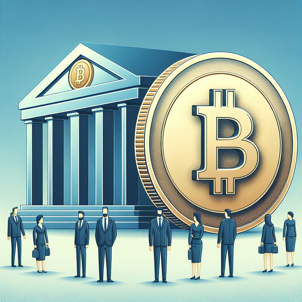 Логотип JPMorgan рядом с монетой биткоина и обеспокоенными людьми