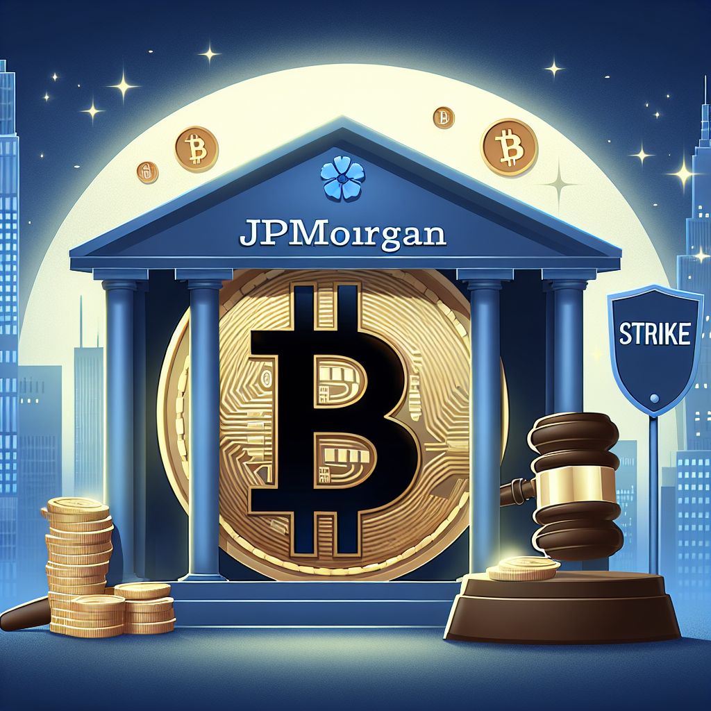 Биткоин на фоне логотипов JPMorgan и Strike, символы закрытия счетов