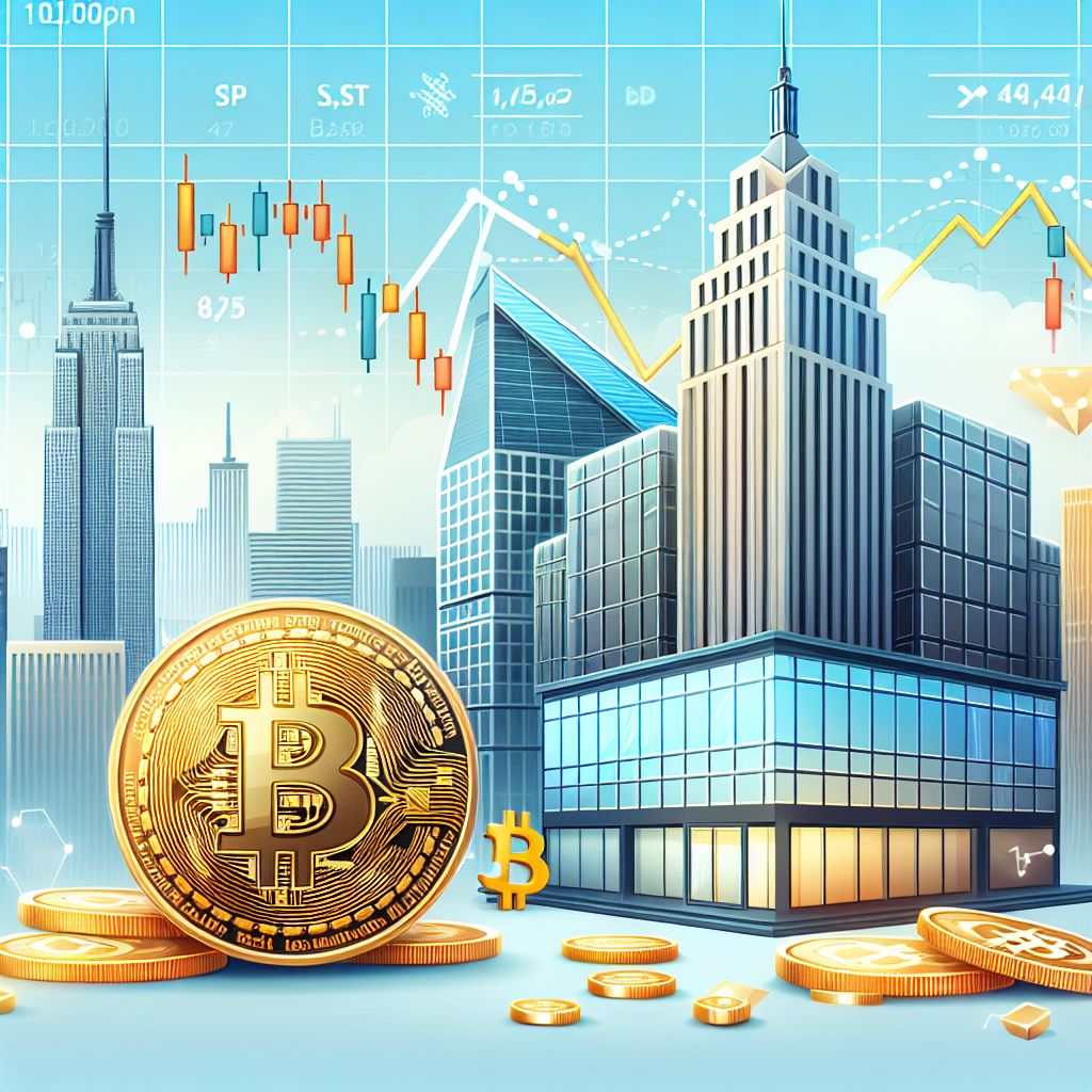 Bitcoin przed korporacyjnym budynkiem i spadającym wykresem S&P