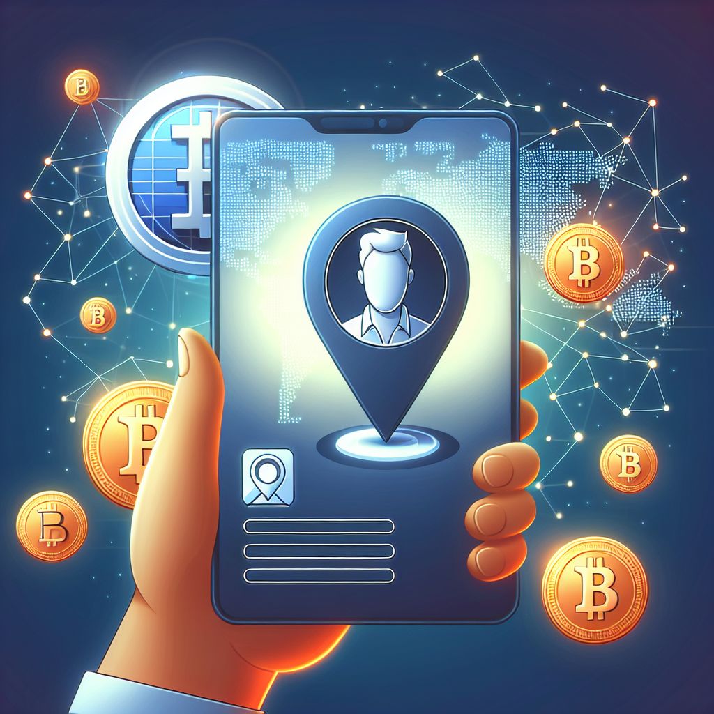 Profil użytkownika z pinezką lokalizacji i ikonami kryptowalut, zagrożenie prywatności