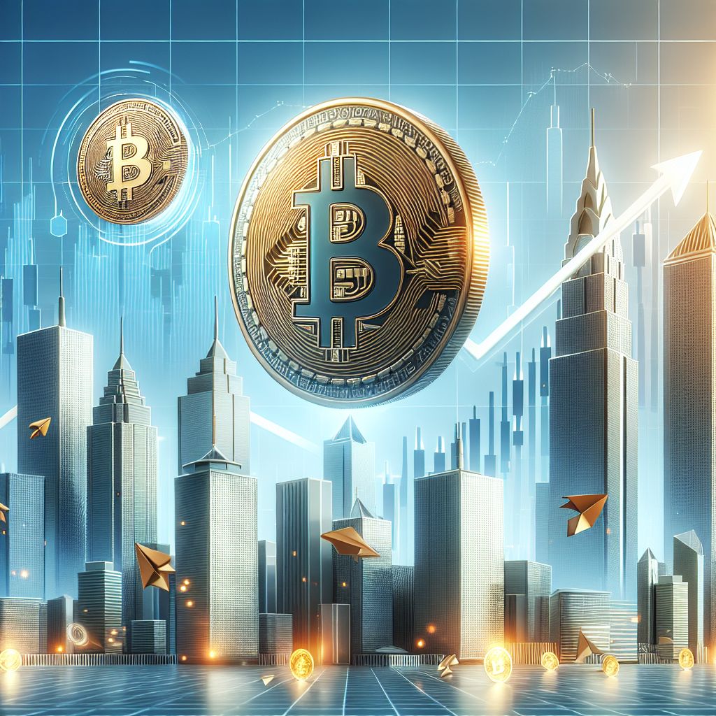 Bitcoin wznoszący się nad wykresem z wieżowcami instytucji finansowych