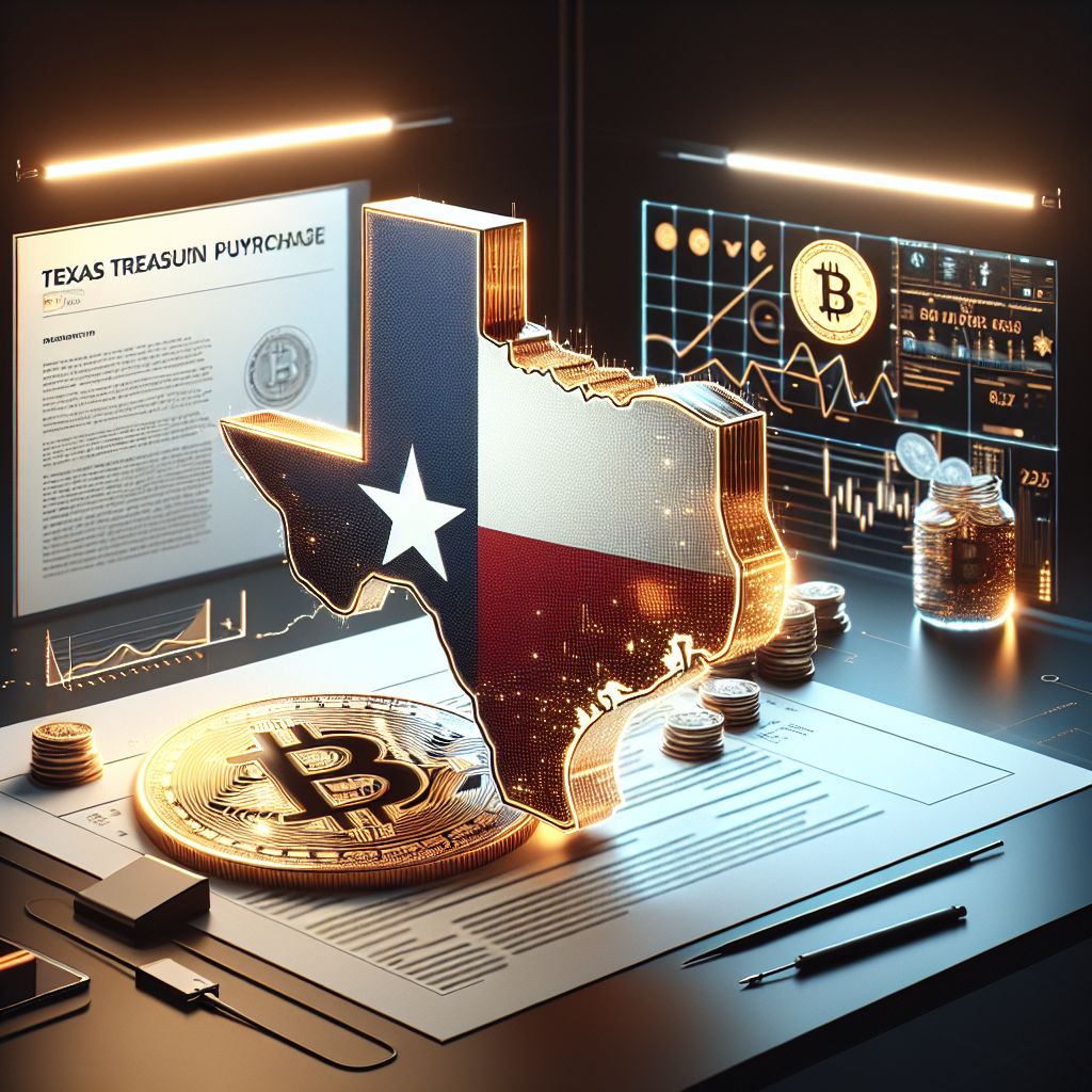 Texas outline with Bitcoin symbol and treasury document