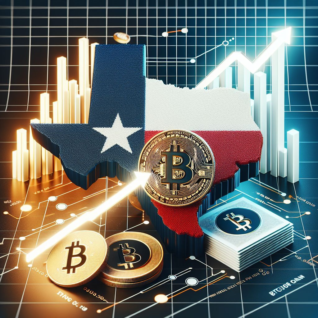 टेक्सास झंडे, बिटकॉइन सिक्का और बढ़ता हुआ ग्राफ