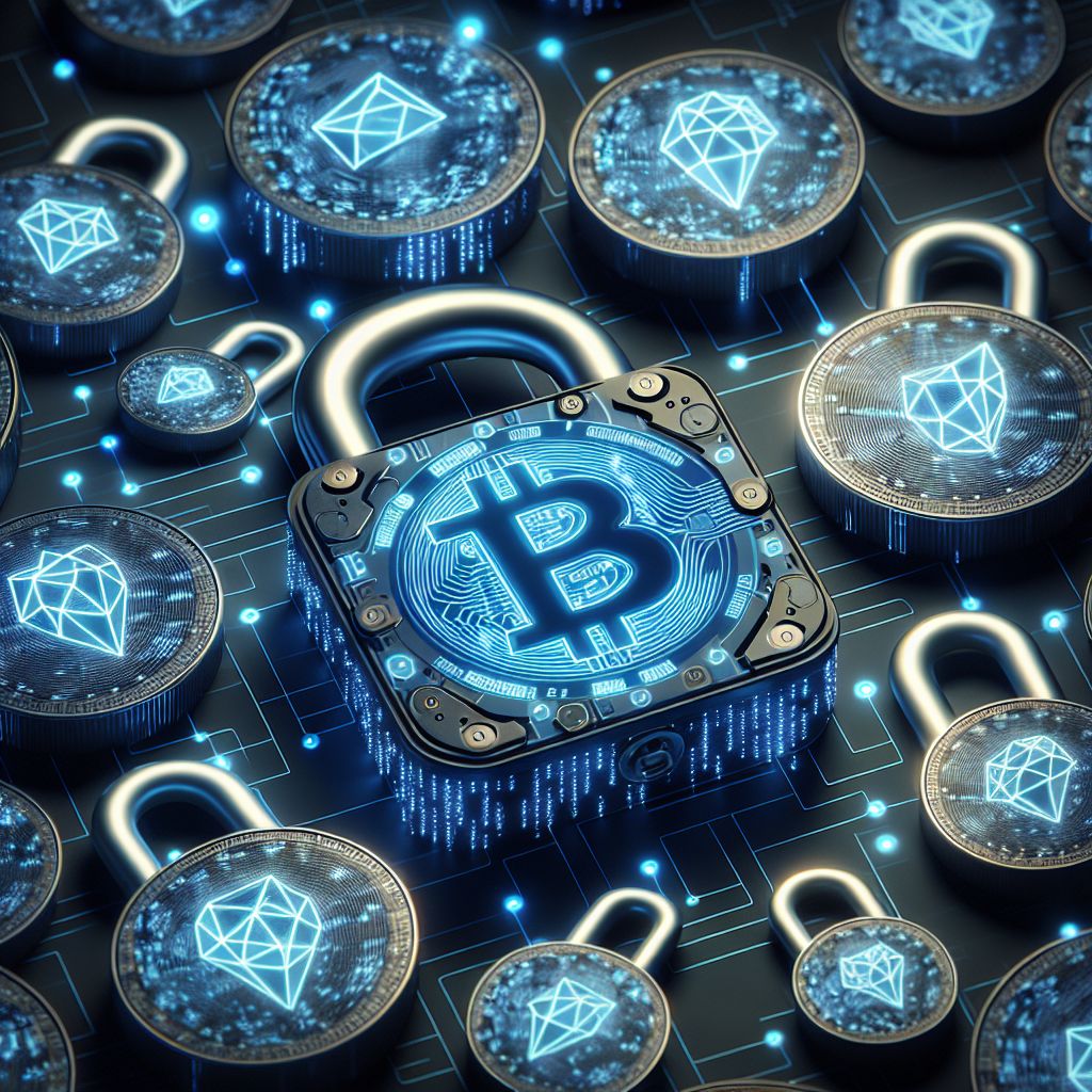 Símbolos de criptomoedas com cadeado e padrões quânticos azuis