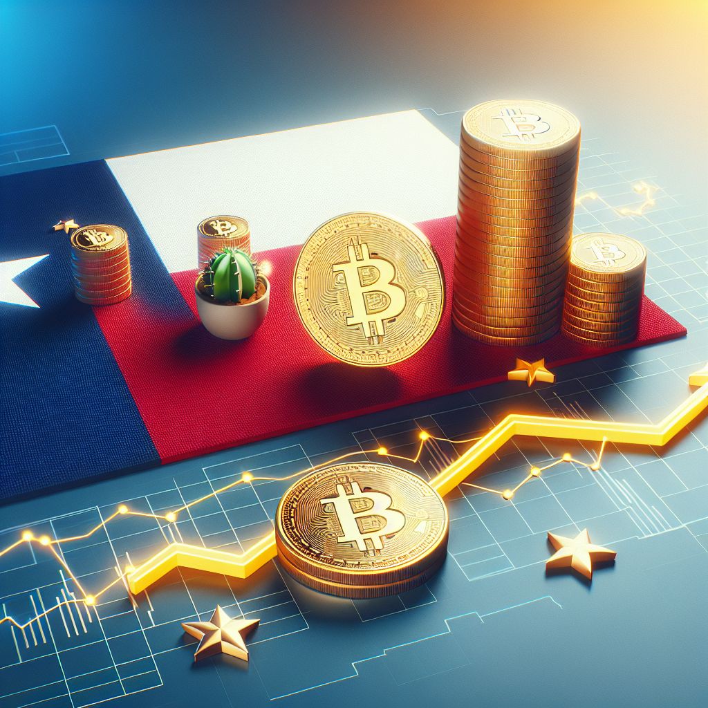 Bandera de Texas junto a una moneda Bitcoin dorada y gráfico alcista