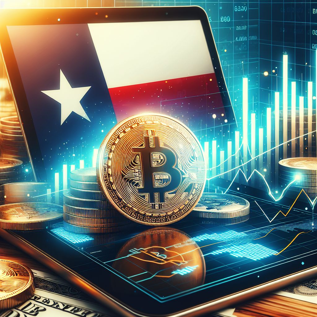 Биткоин и финансовый график на фоне техасского флага и казначейства