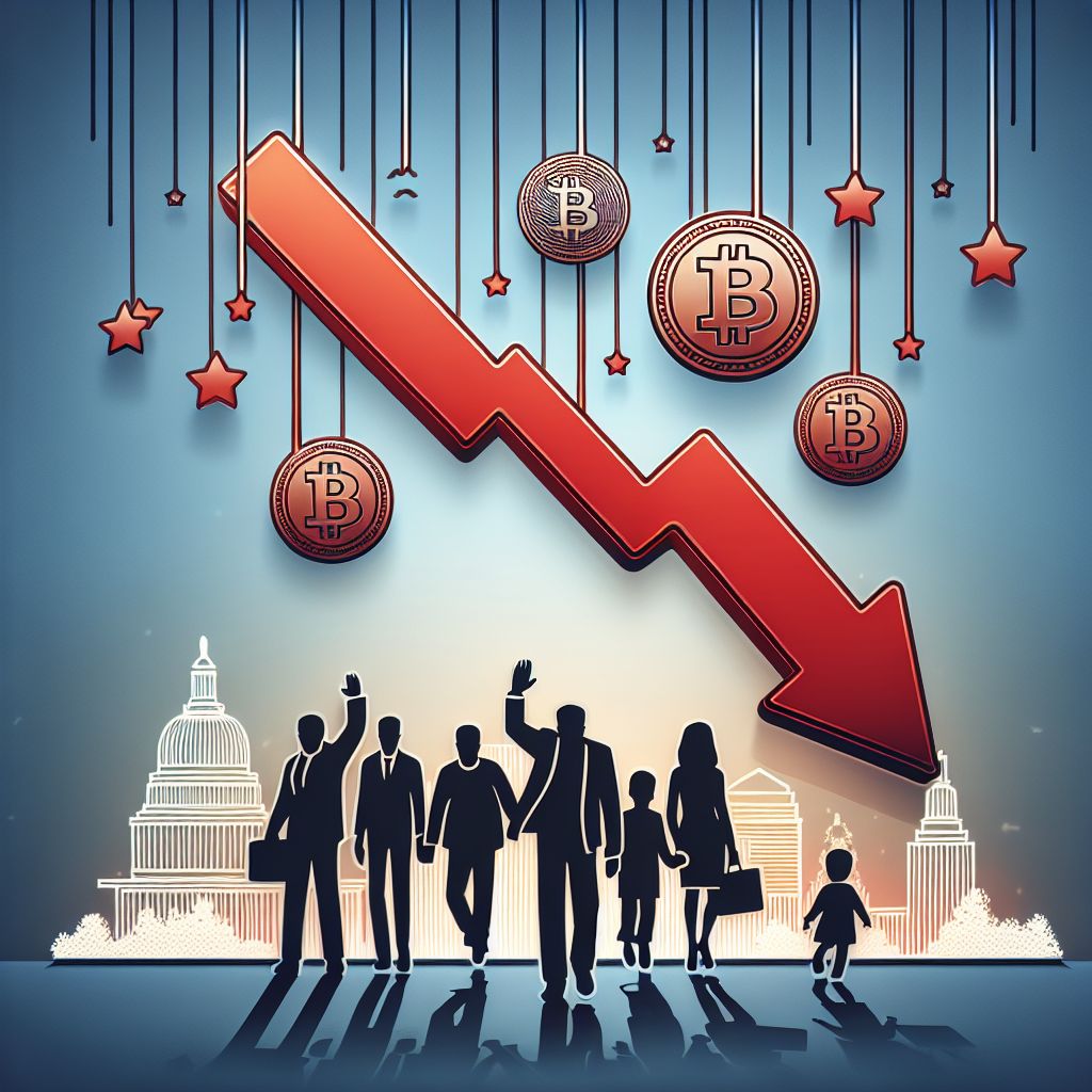 Падающие криптотокены, красная стрелка вниз и силуэт семьи президента