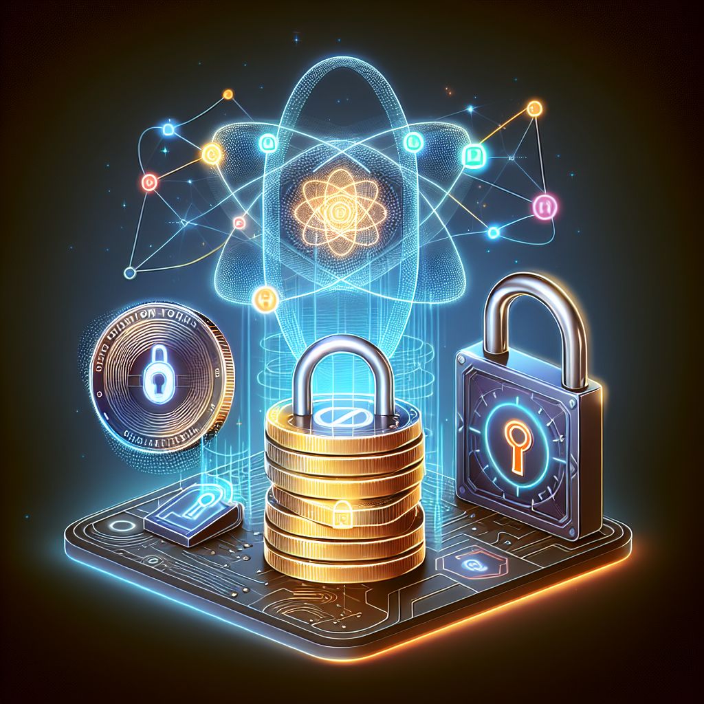 Tokeny cyfrowe z zamkiem i motywem kwantowym symbolizujące odporność