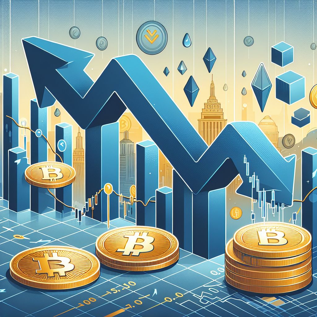 Federal Reserve downward rate arrow with rising cryptocurrency coins and charts