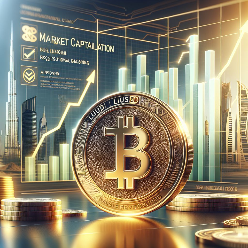 RLUSD coin, Abu Dhabi skyline, approval stamp, rising market cap chart