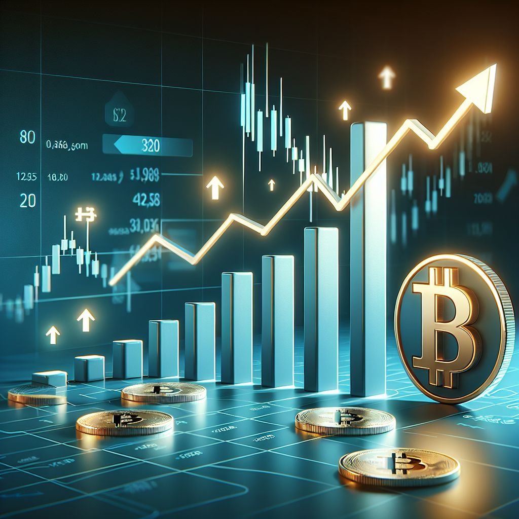 Gráfico de velas ascendentes com símbolo do Bitcoin e seta para cima