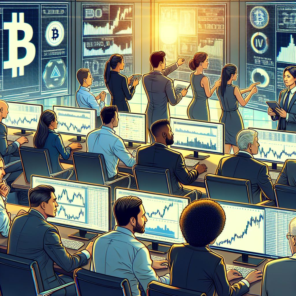 Gestores institucionais analisando telas com gráfico de Bitcoin e derivativos