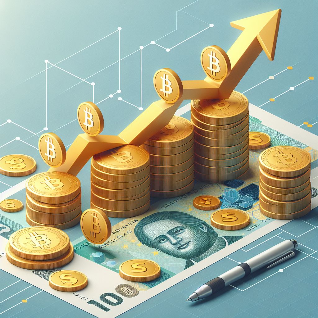 Gráfico ascendente com moedas cripto e cédulas de real