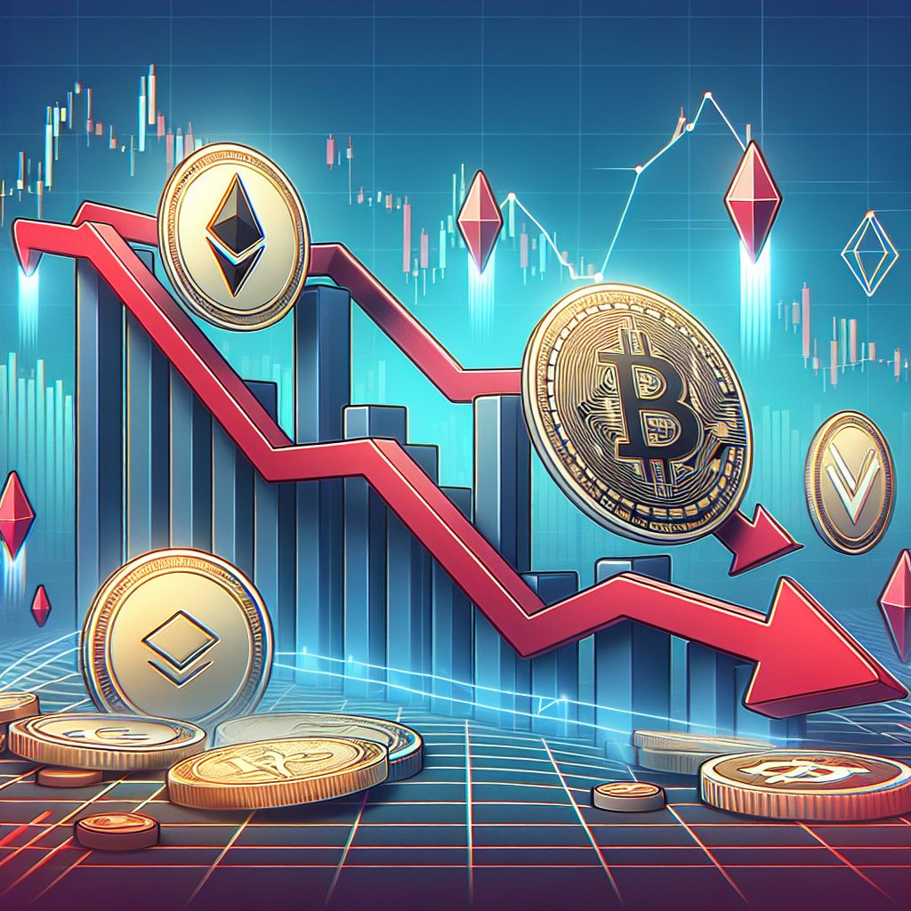 Gráfico de queda com logotipos de altcoins e setas vermelhas