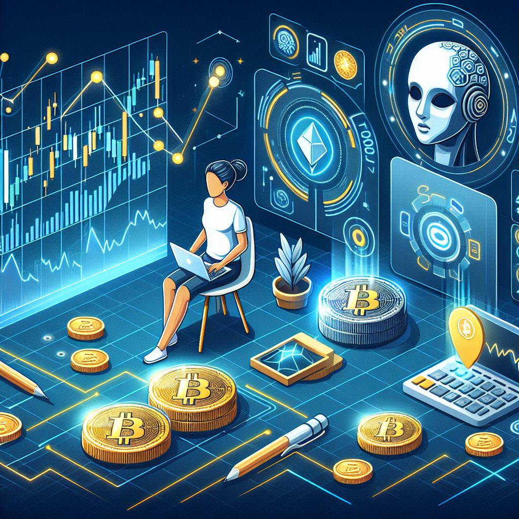 Gráficos de mercado cripto, tokens digitais e ícone de inteligência artificial